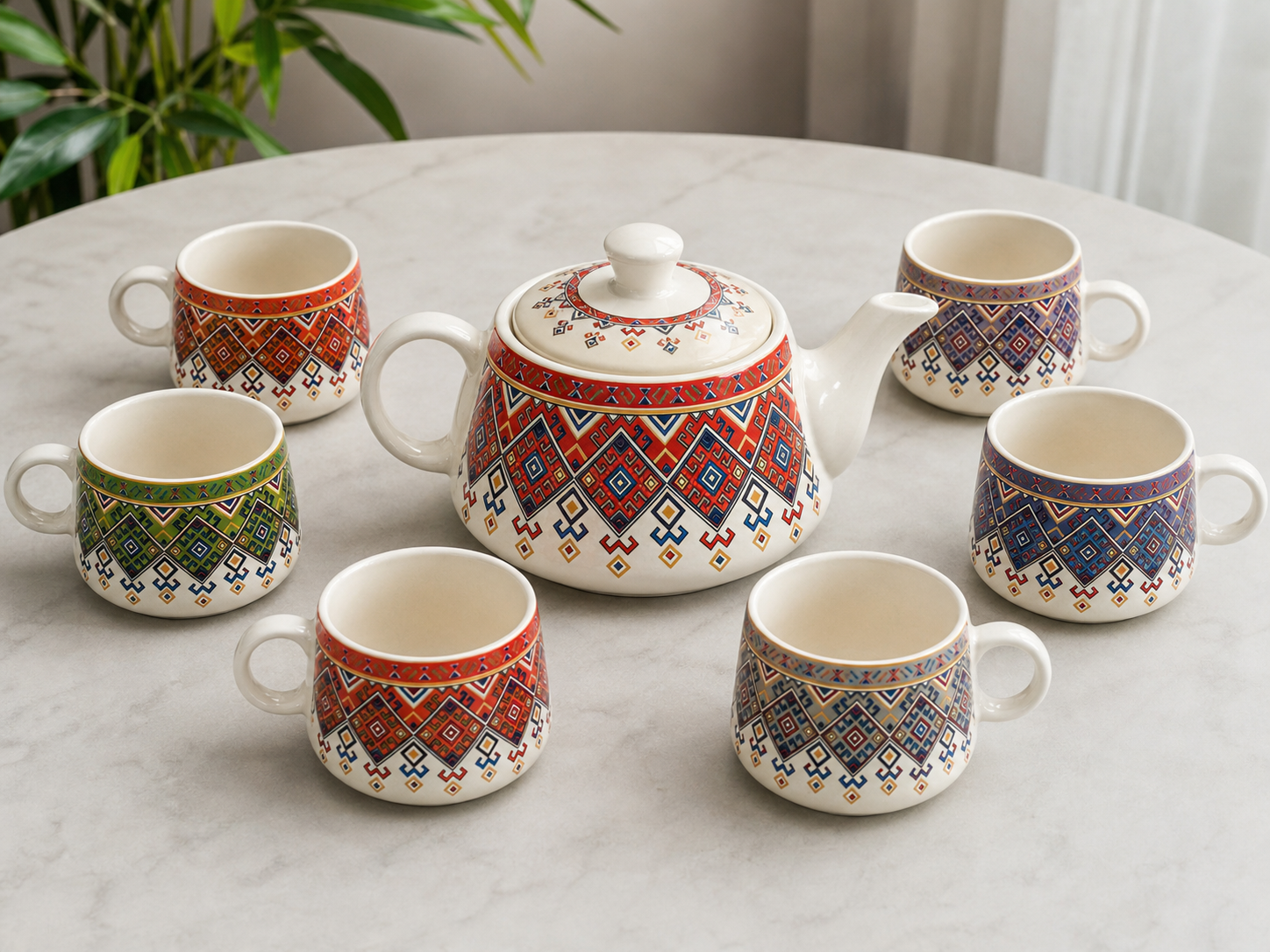 Ethnic Pattern Ceramic Tea Pot Set with Tea Cups – Handcrafted Tea Set for Gifting