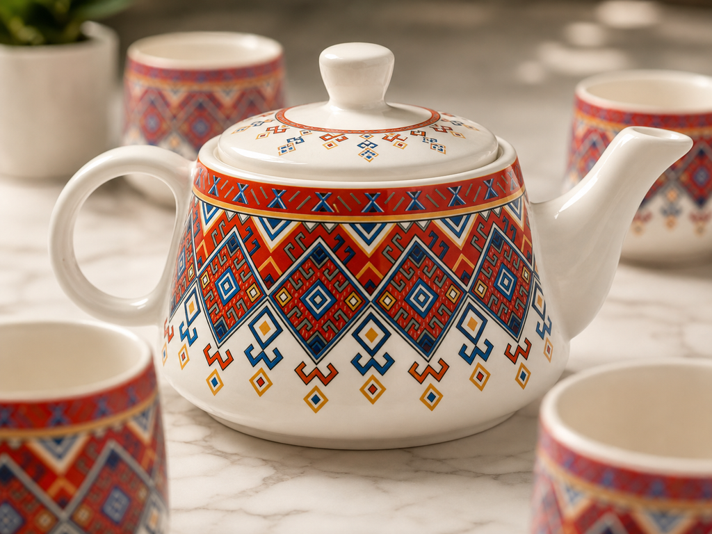 Ethnic Pattern Ceramic Tea Pot Set with Tea Cups – Handcrafted Tea Set for Gifting