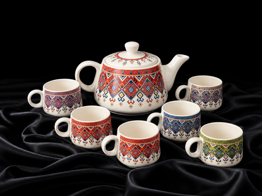 Ethnic Pattern Ceramic Tea Pot Set with Tea Cups – Handcrafted Tea Set for Gifting