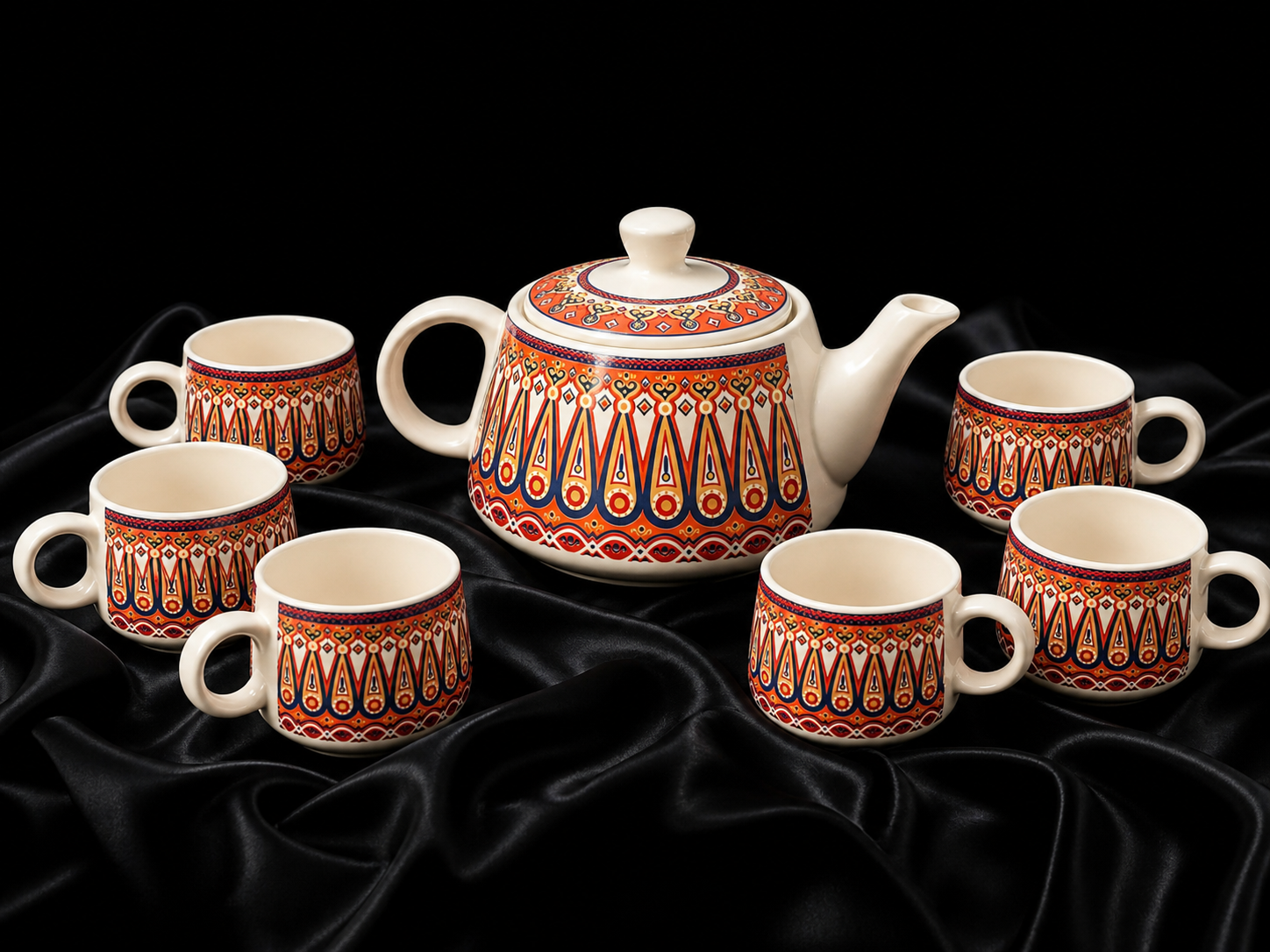 Geometric Ceramic Tea Pot Set with Tea Cups – Handcrafted Tea Set for Gifting