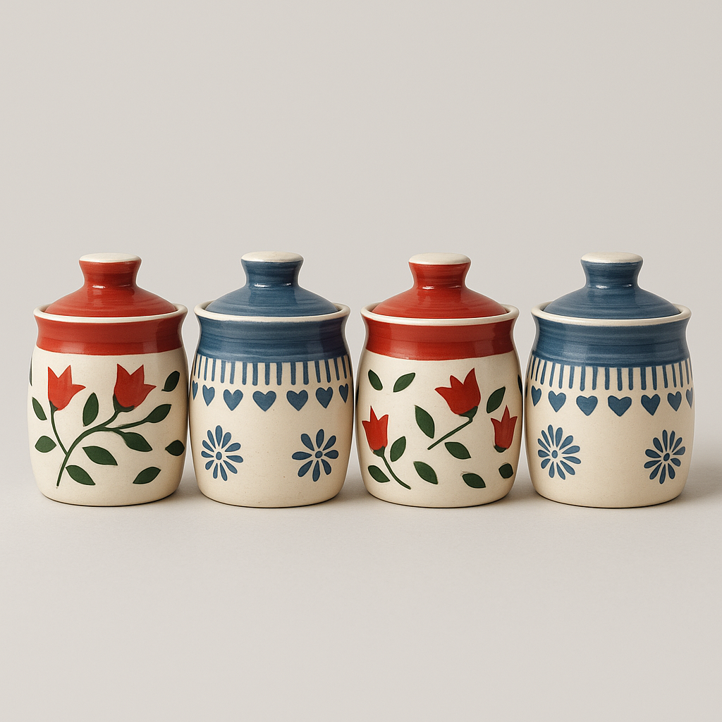 Desi Mitti Handcrafted Mini Barni Set – Ceramic Chutney & Masala Jars (Set of 4)