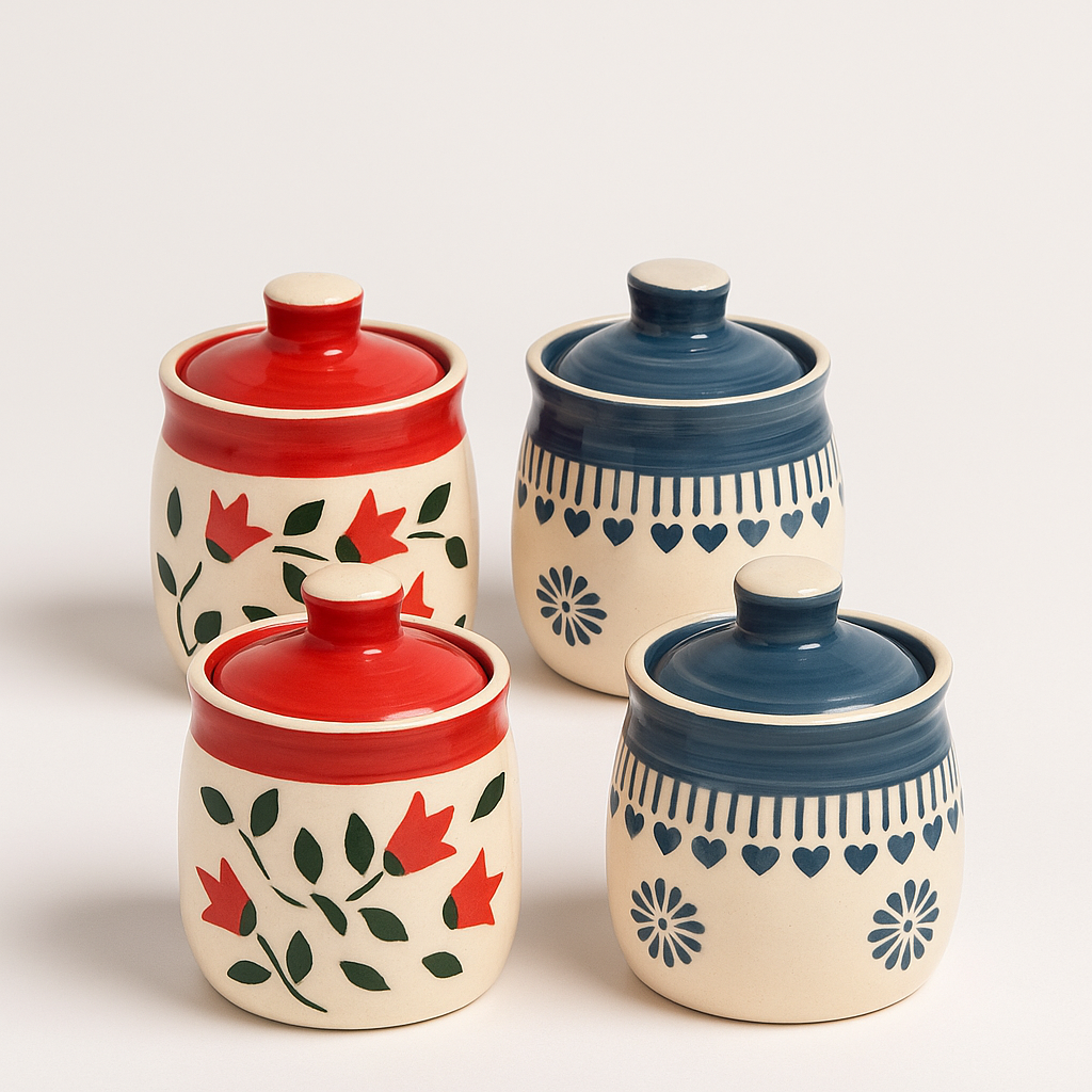 Desi Mitti Handcrafted Mini Barni Set – Ceramic Chutney & Masala Jars (Set of 4)