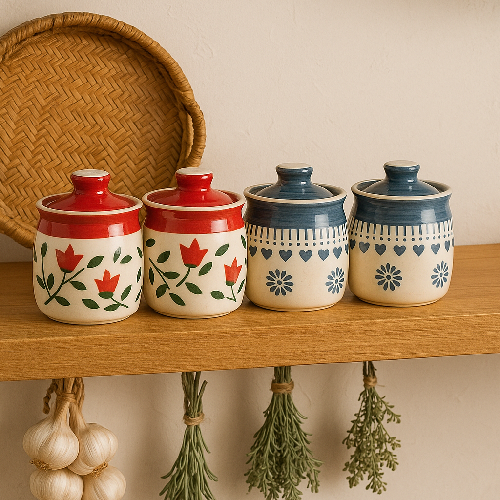 Desi Mitti Handcrafted Mini Barni Set – Ceramic Chutney & Masala Jars (Set of 4)