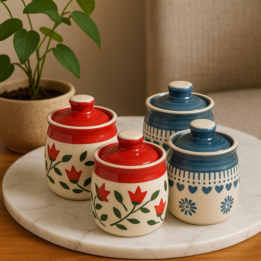 Desi Mitti Handcrafted Mini Barni Set – Ceramic Chutney & Masala Jars (Set of 4)