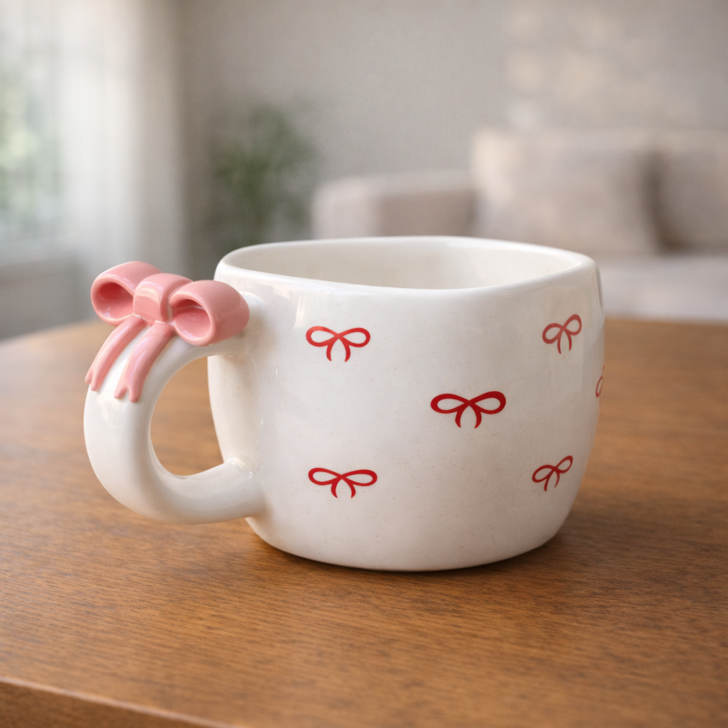 Bow Print Pink Bow Mug – Cute Ceramic Coffee Mug for Gifting
