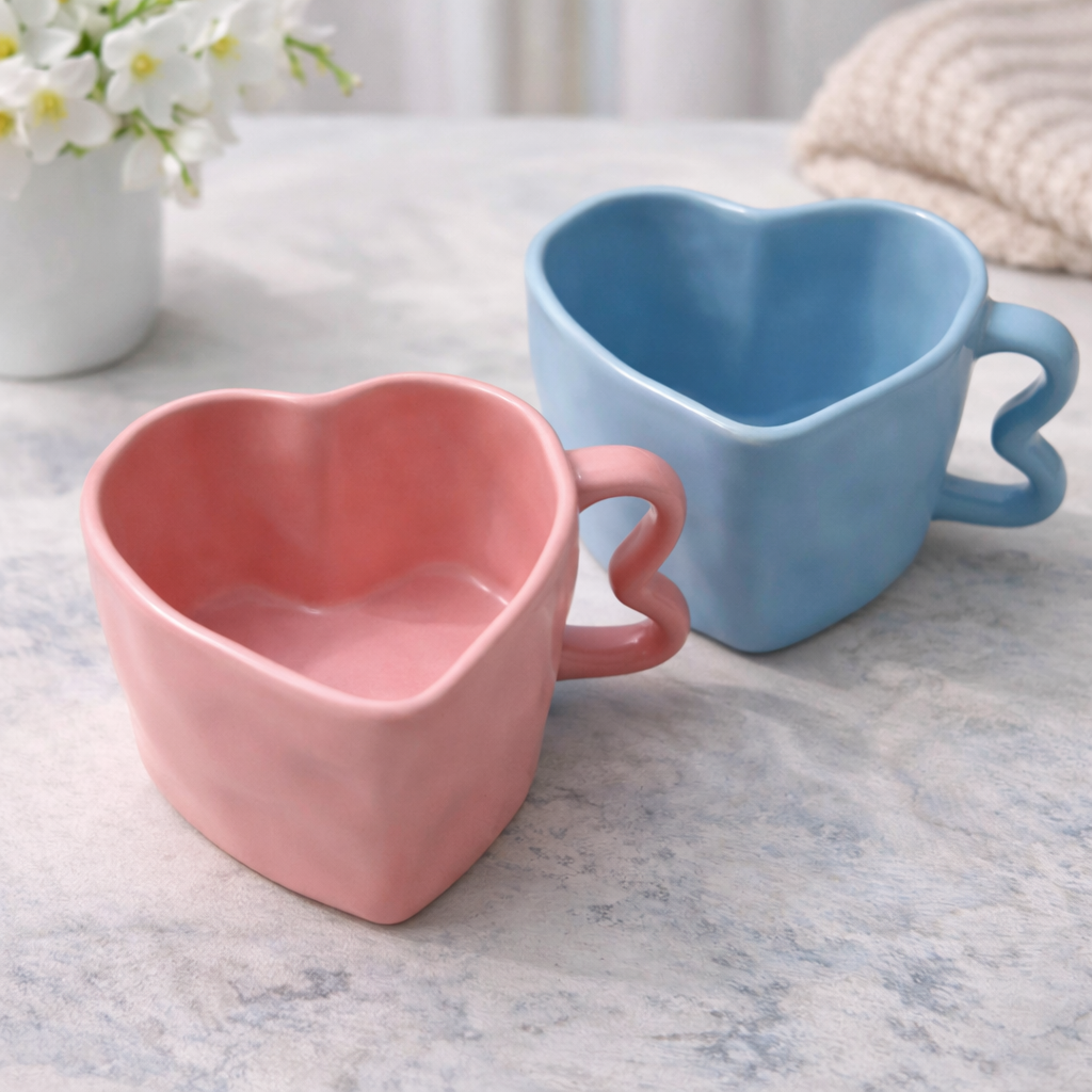 Heart Mug Set of 2 – Cute Ceramic Heart Shape Coffee Mugs for Couples & Gifting