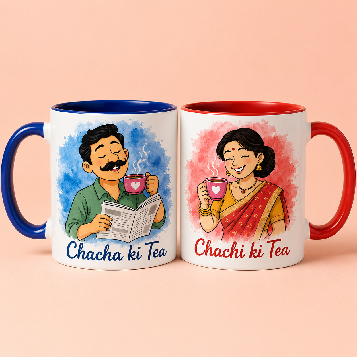 Chacha Chachi Ki Tea Mug Set – Hinglish couple ceramic mugs with watercolour illustration, blue and red handles