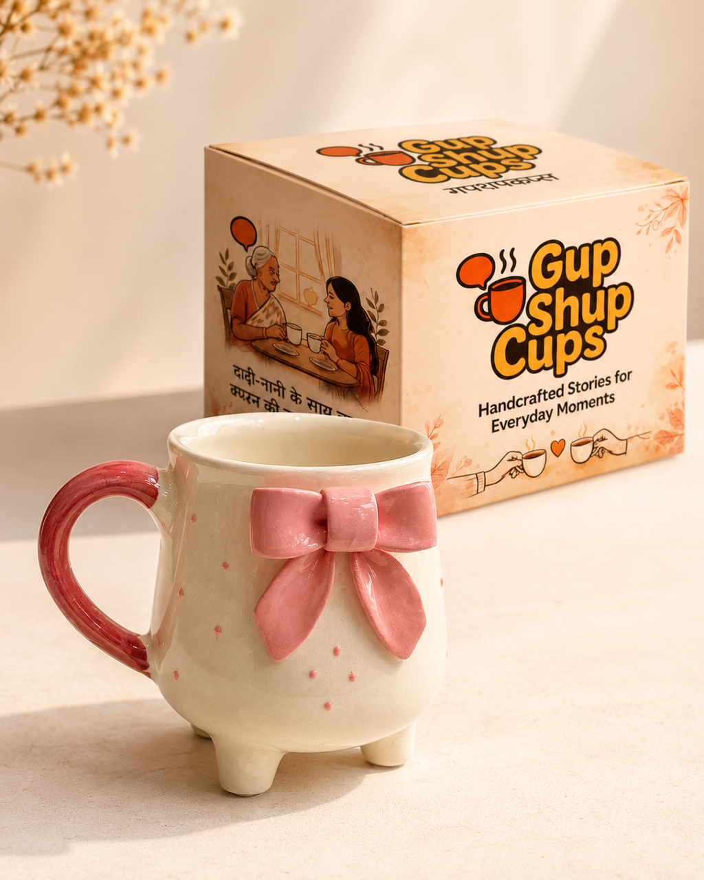 Pink Bow Aesthetic Mug with GupShupCups packaging
