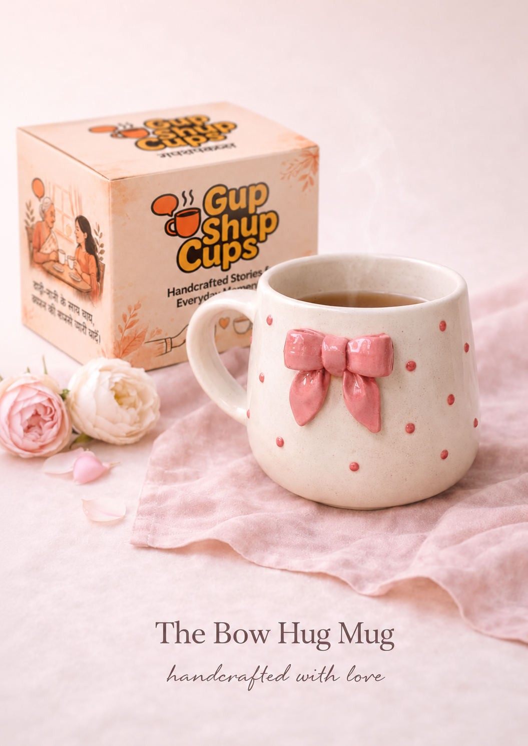 The Bow Hug Mug with GupShupCups packaging