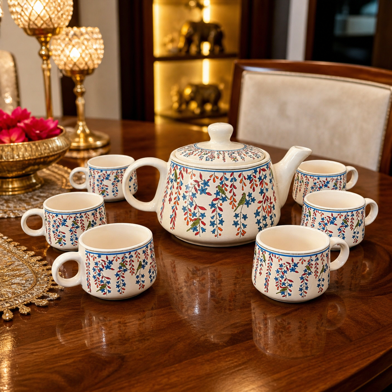 Floral Ceramic Tea Pot Set with Tea Cups – Handcrafted Tea Set for Gifting