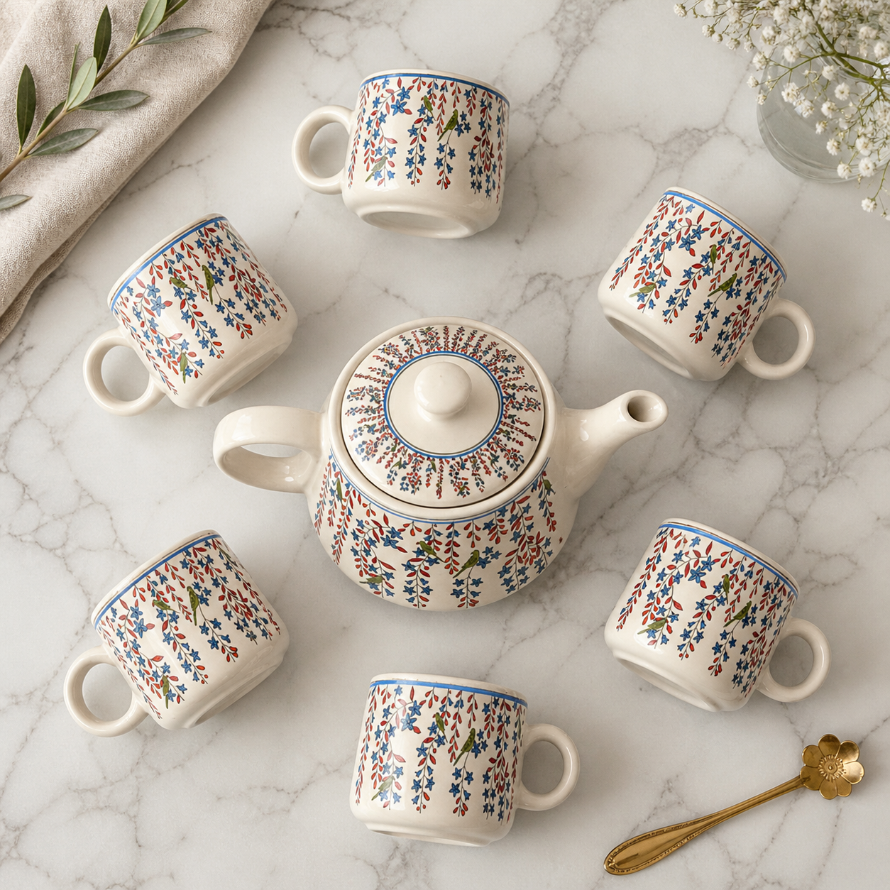 Floral Ceramic Tea Pot Set with Tea Cups – Handcrafted Tea Set for Gifting