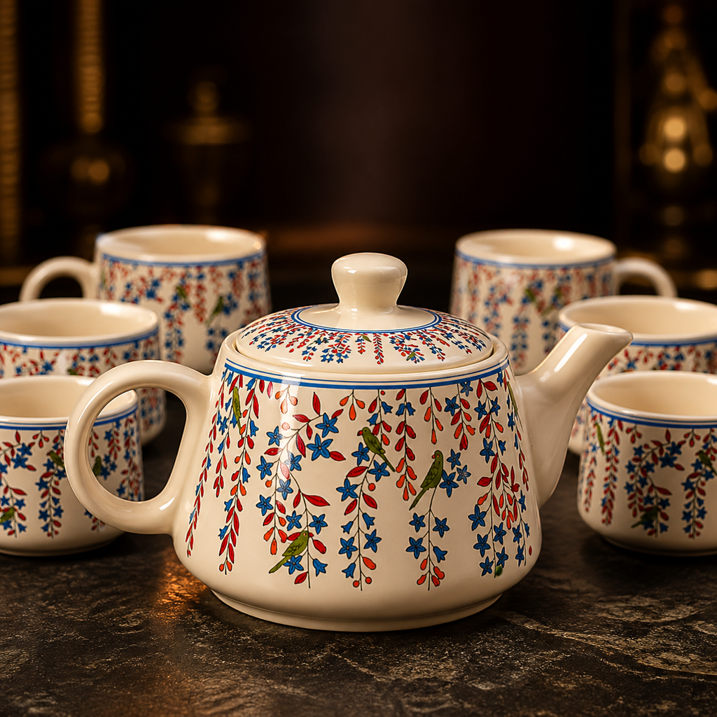 Floral Ceramic Tea Pot Set with Tea Cups – Handcrafted Tea Set for Gifting