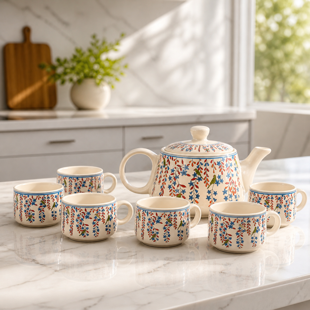 Floral Ceramic Tea Pot Set with Tea Cups – Handcrafted Tea Set for Gifting