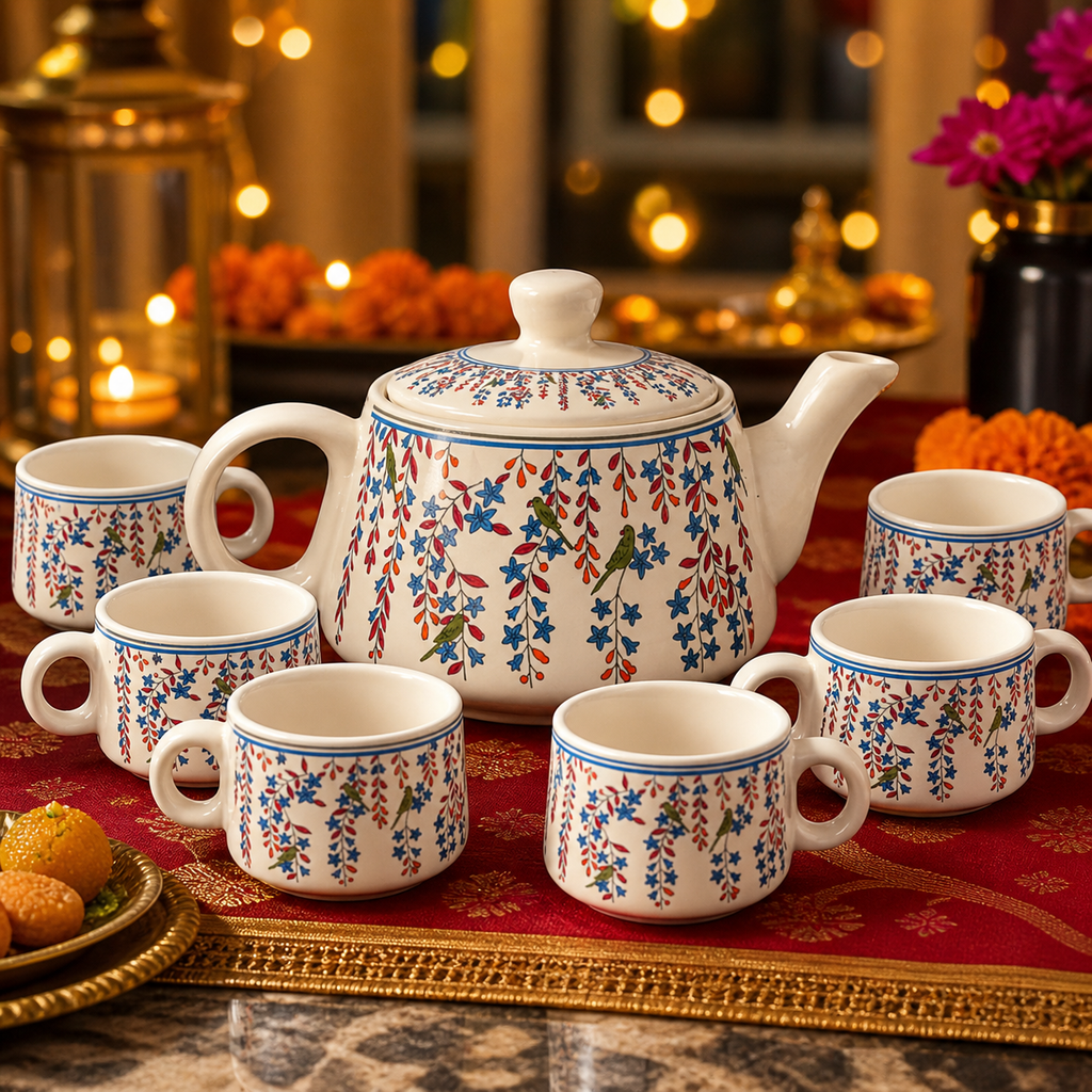 Floral Ceramic Tea Pot Set with Tea Cups – Handcrafted Tea Set for Gifting
