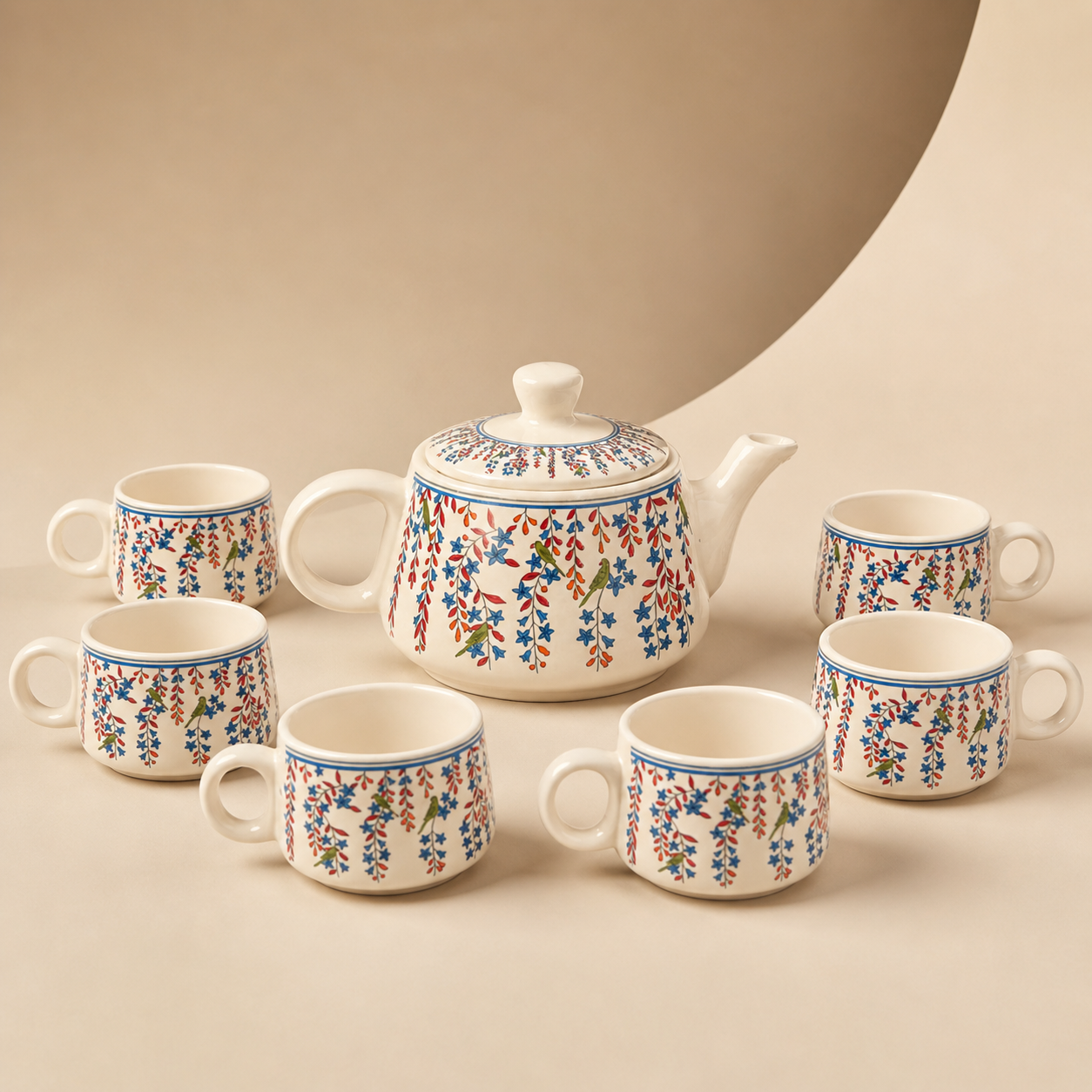 Floral Ceramic Tea Pot Set with Tea Cups – Handcrafted Tea Set for Gifting