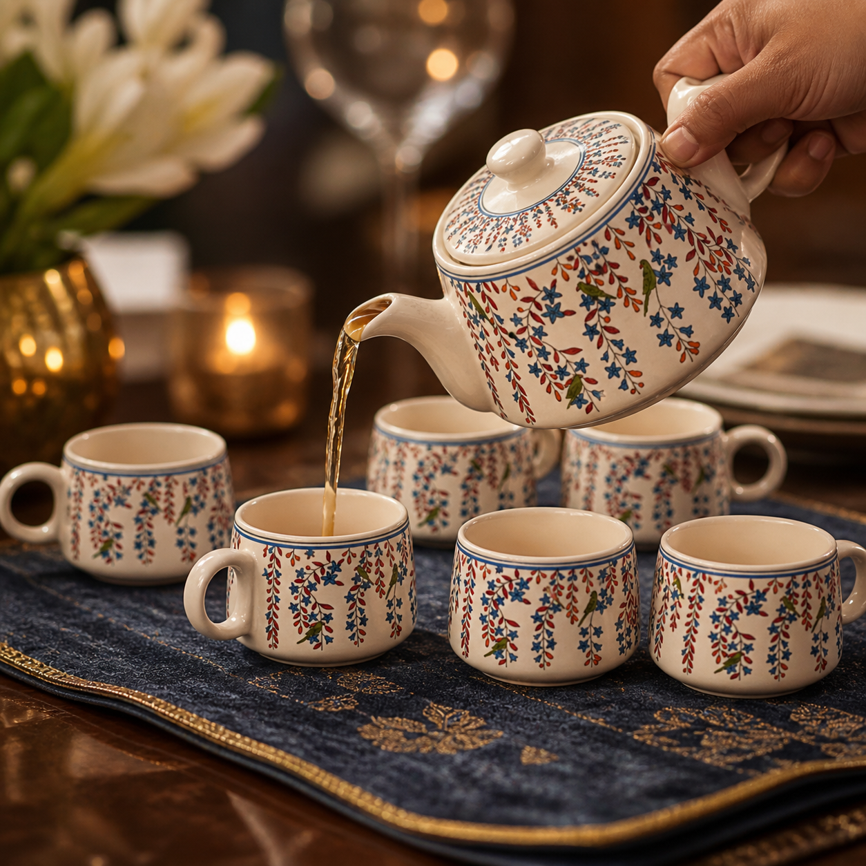 Floral Ceramic Tea Pot Set with Tea Cups – Handcrafted Tea Set for Gifting