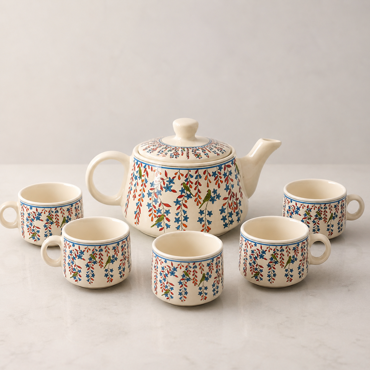 Floral Ceramic Tea Pot Set with Tea Cups – Handcrafted Tea Set for Gifting