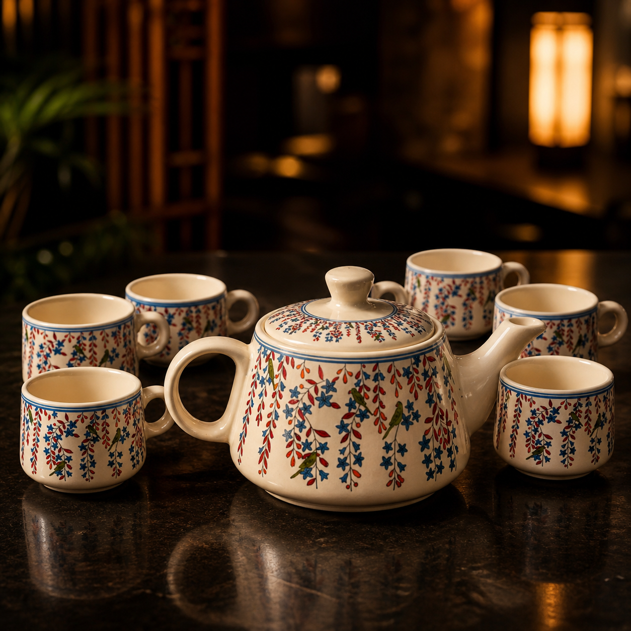 Floral Ceramic Tea Pot Set with Tea Cups – Handcrafted Tea Set for Gifting