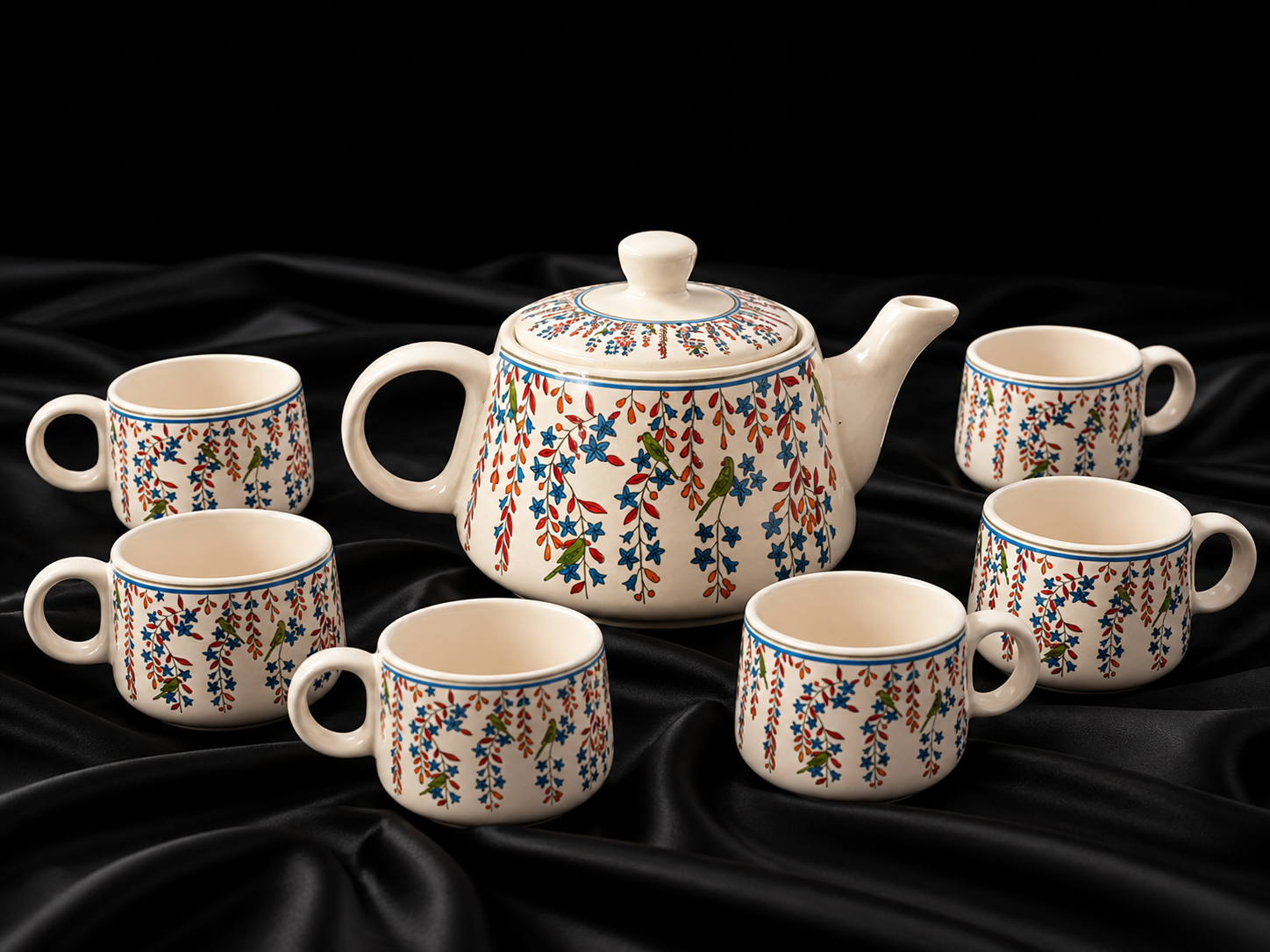 Floral Ceramic Tea Pot Set with Tea Cups – Handcrafted Tea Set for Gifting