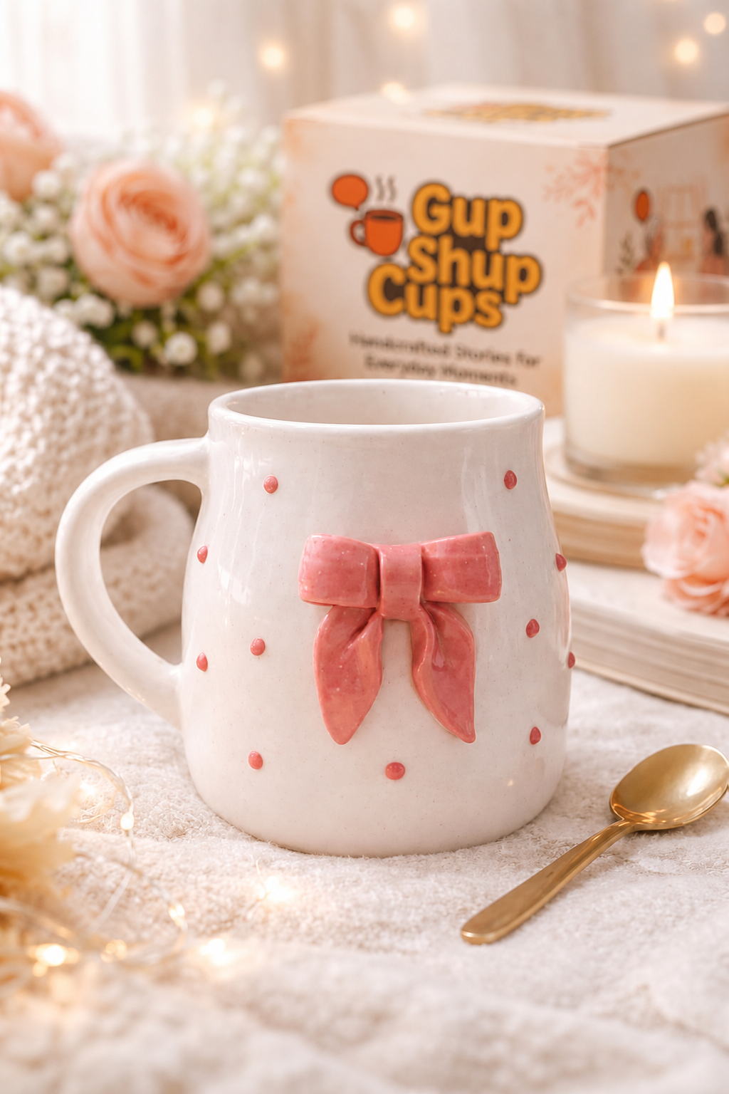 Pink Bow Classic Mug with GupShupCups packaging
