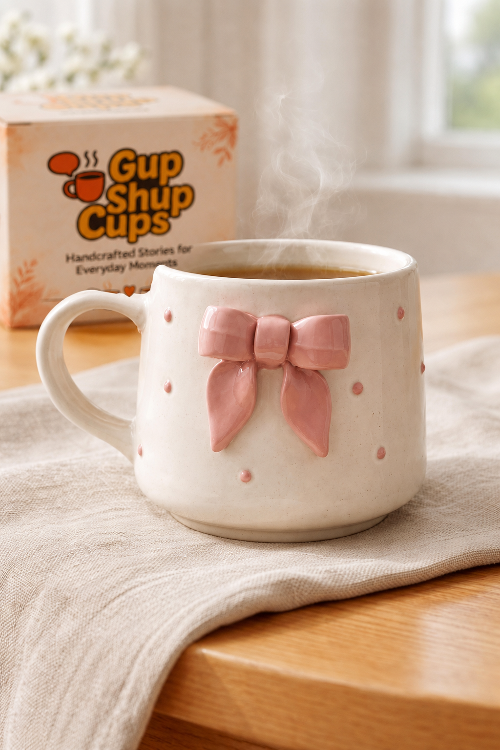 Pink Bow Gift Mug with GupShupCups packaging
