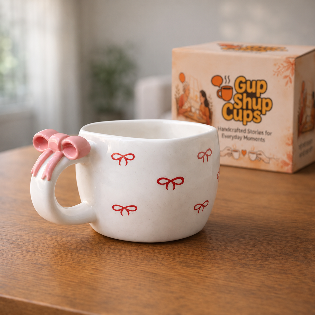 Bow Print Pink Bow Mug with GupShupCups packaging