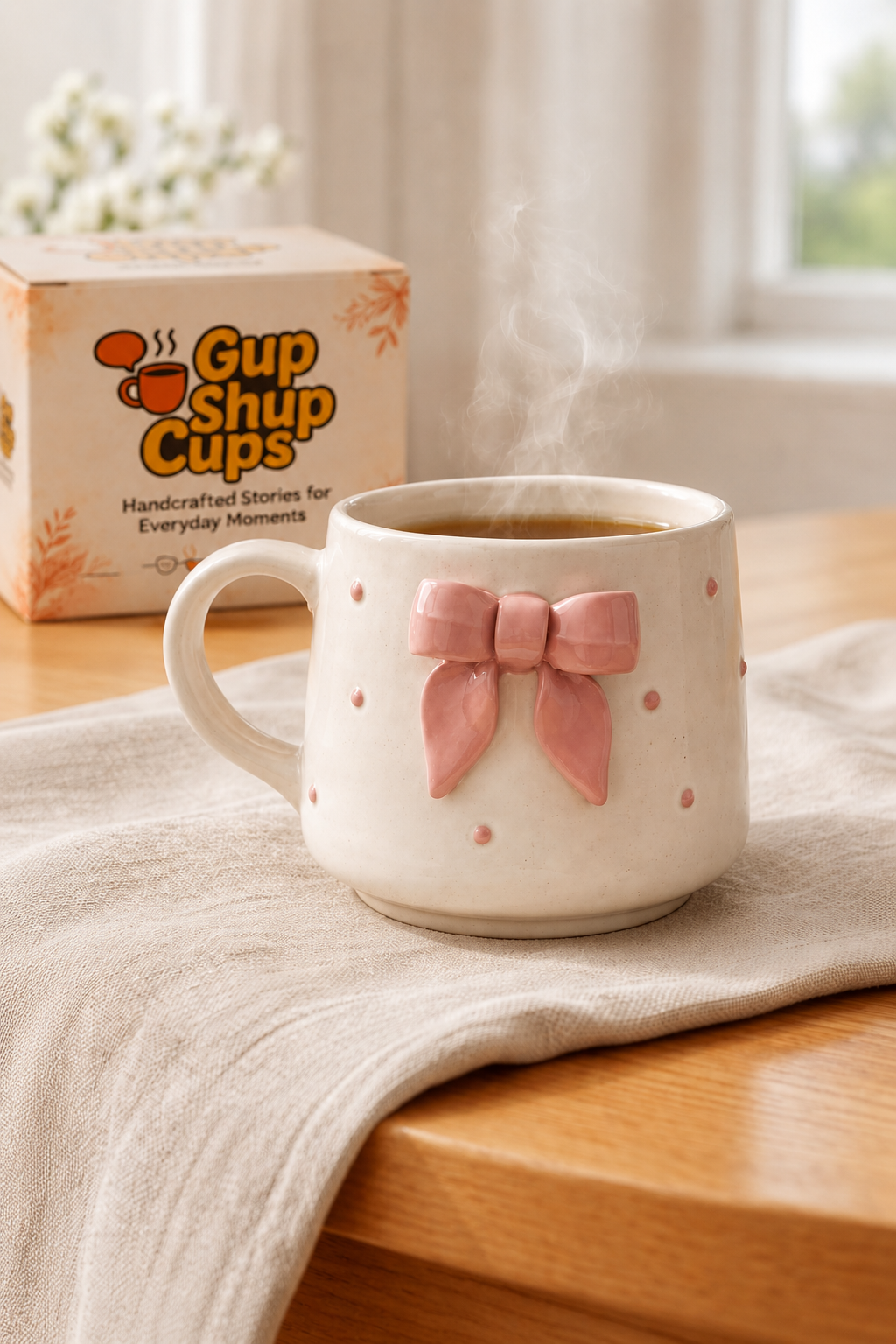 Pink Bow Mug with GupShupCups packaging
