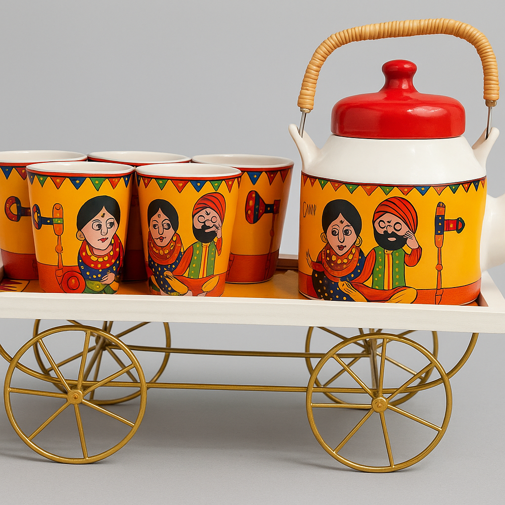 Premium Hand-Painted Ceramic Tea Cup Set with Kettle & Wooden Thela (6 Cups + 1 Kettle)