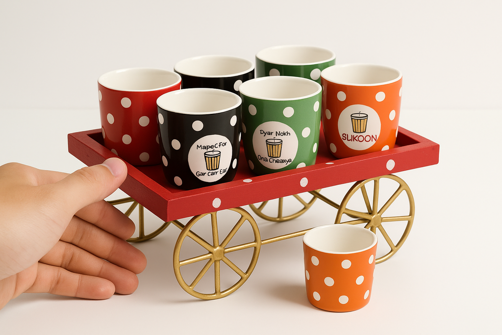 Chai Cup Gift Set with Wooden Cart | 6 Piece Ceramic Tea Cups | Handcrafted Indian Gift
