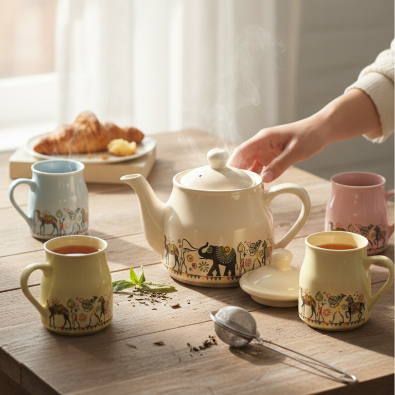 Ceramic Tea Set with 1 Kettle and 6 Mugs – Indian Motif Chai Serving Set | GupShupCups