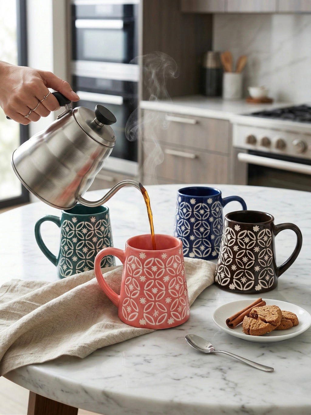 Geometric Lattice Ceramic Mug Set of 4 – Handcrafted Chai & Coffee Mugs