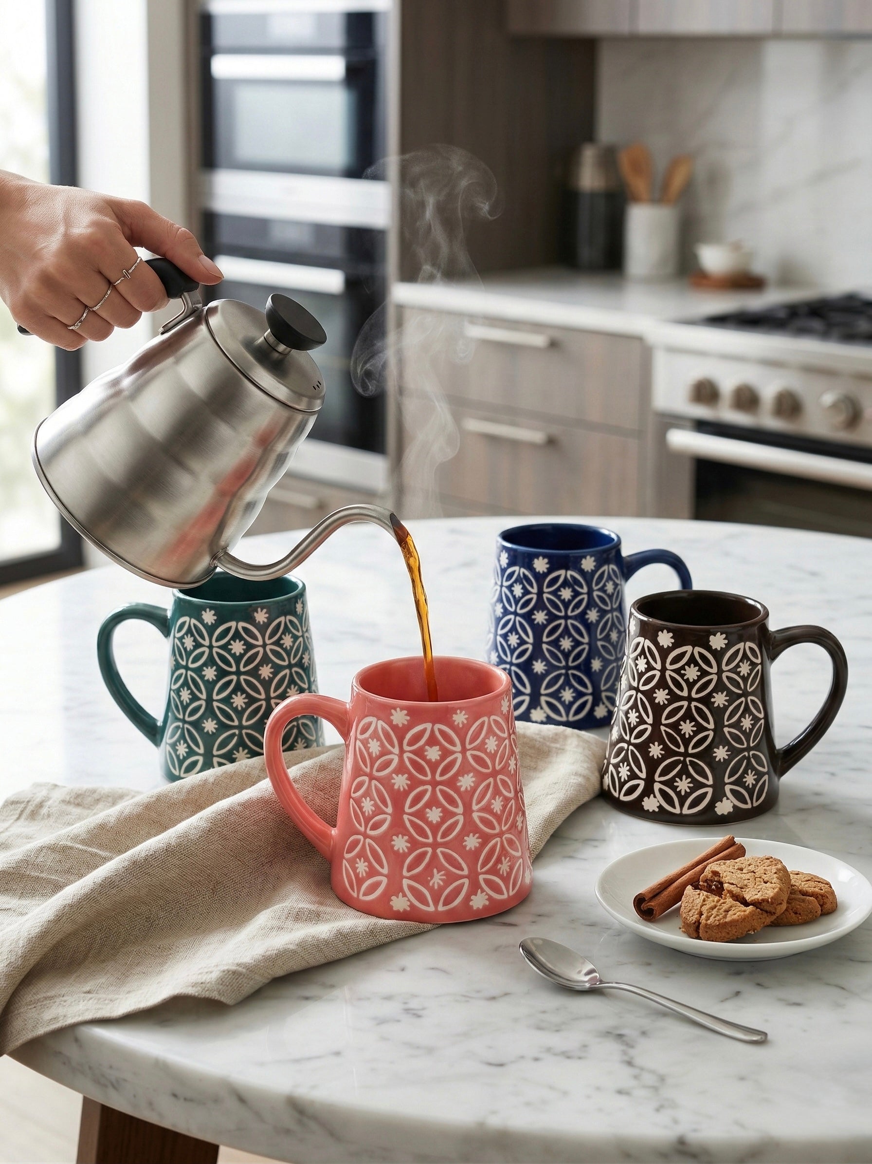 Geometric Lattice Ceramic Mug Set of 4 – Handcrafted Chai & Coffee Mugs