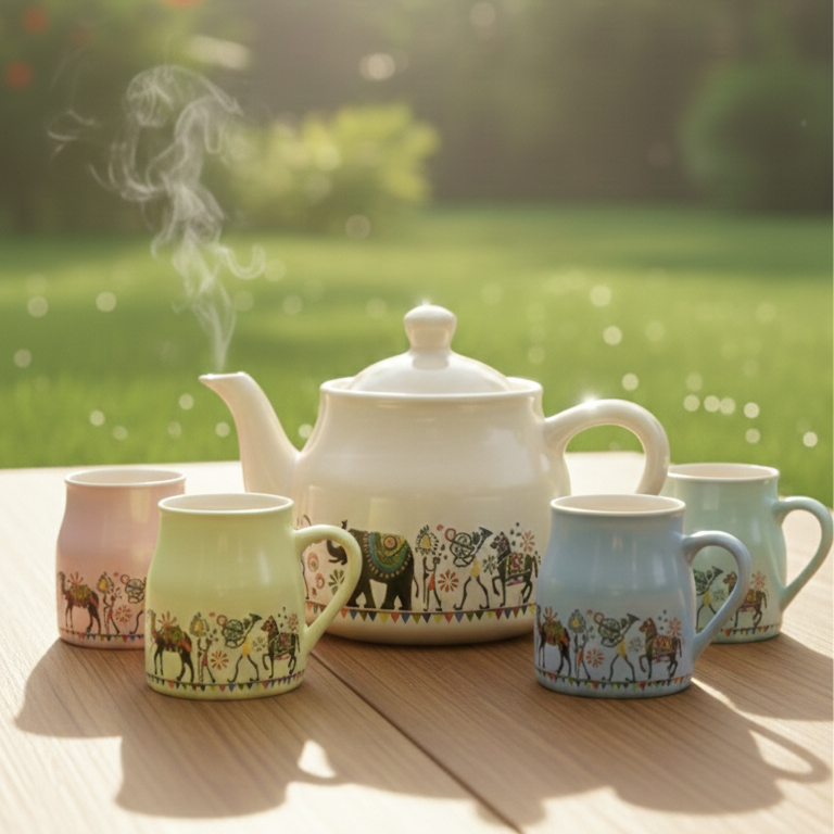 Ceramic Tea Set with 1 Kettle and 6 Mugs – Indian Motif Chai Serving Set | GupShupCups