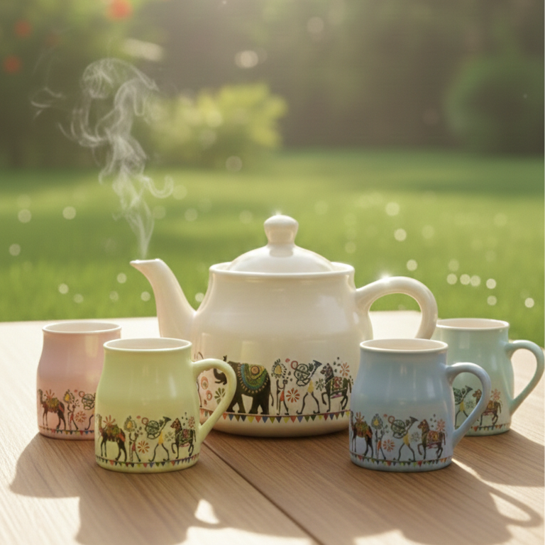 Tea set with a steaming teapot on a wooden table outdoors.