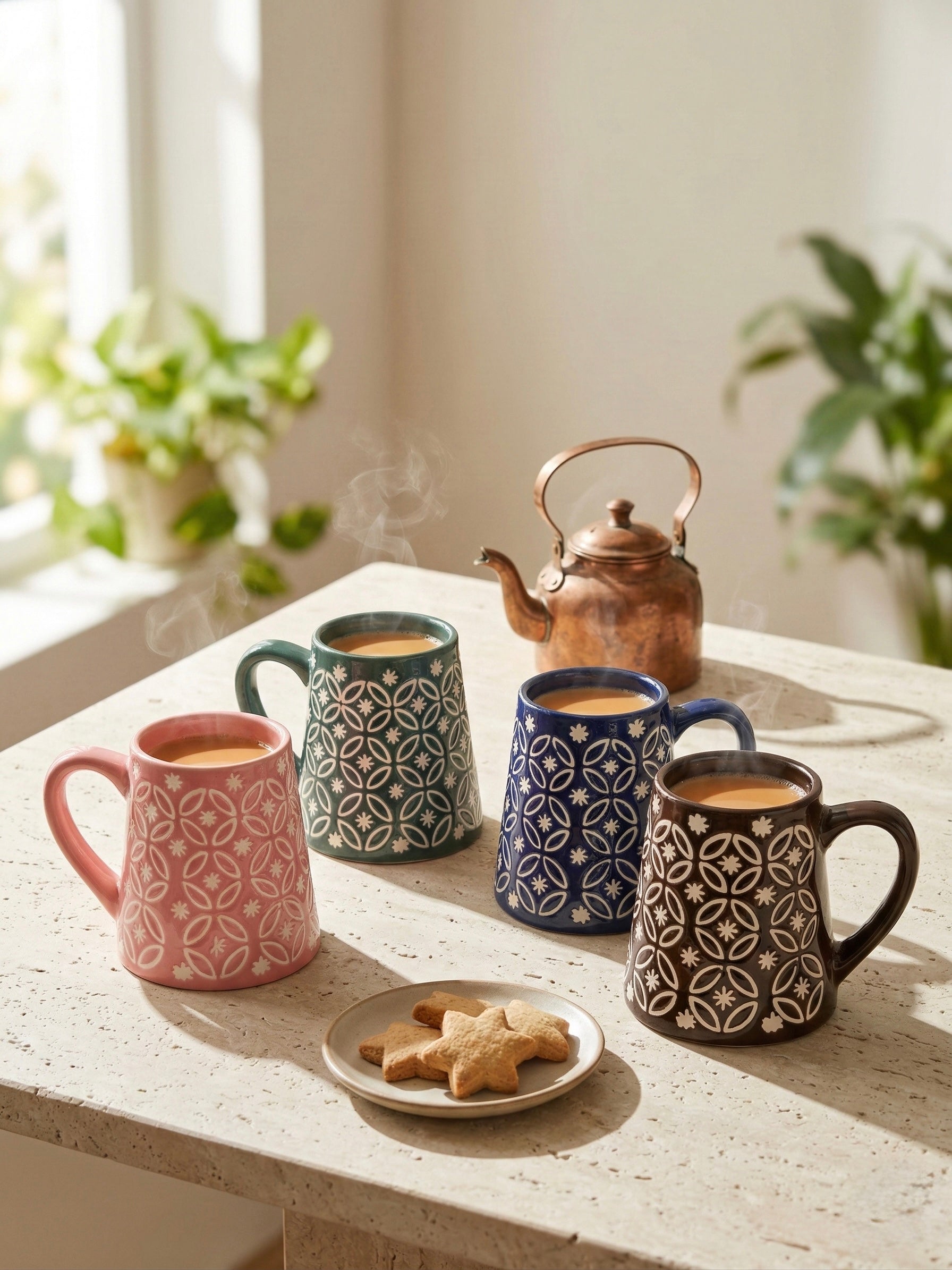 Geometric Lattice Ceramic Mug Set of 4 – Handcrafted Chai & Coffee Mugs