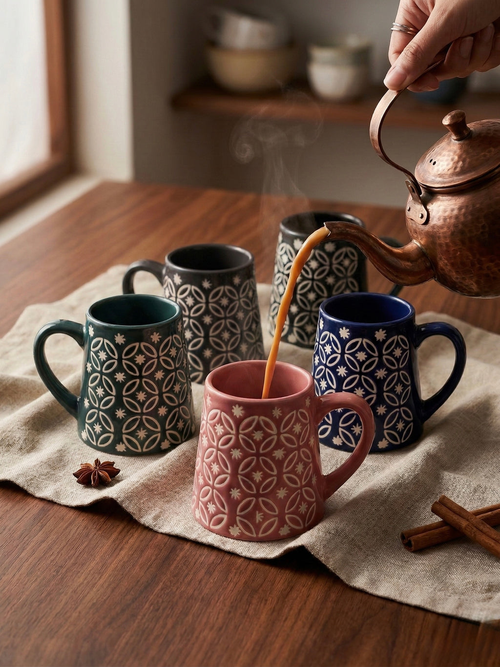 Geometric Lattice Ceramic Mug Set of 4 – Handcrafted Chai & Coffee Mugs