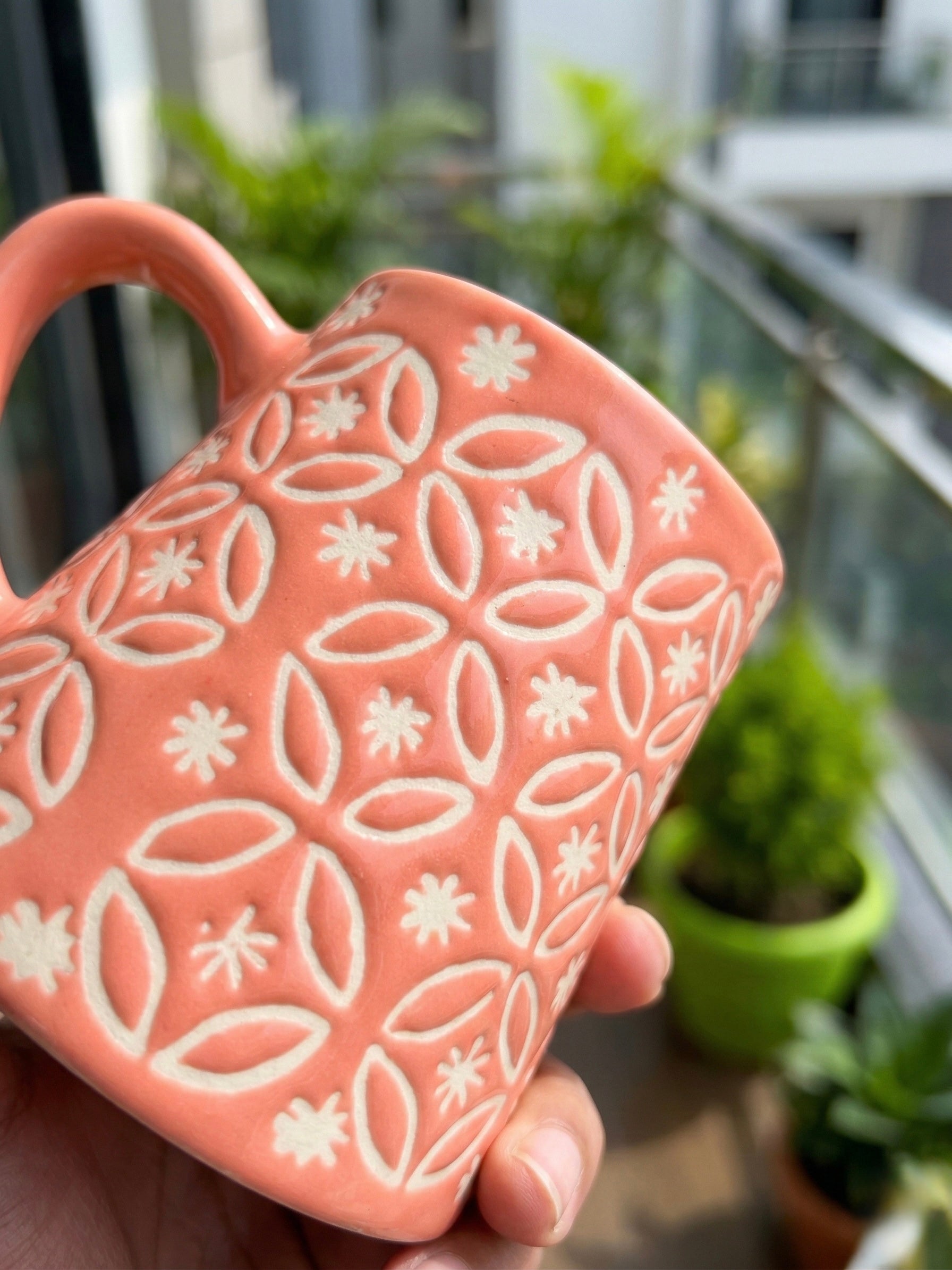 Geometric Lattice Ceramic Mug Set of 4 – Handcrafted Chai & Coffee Mugs