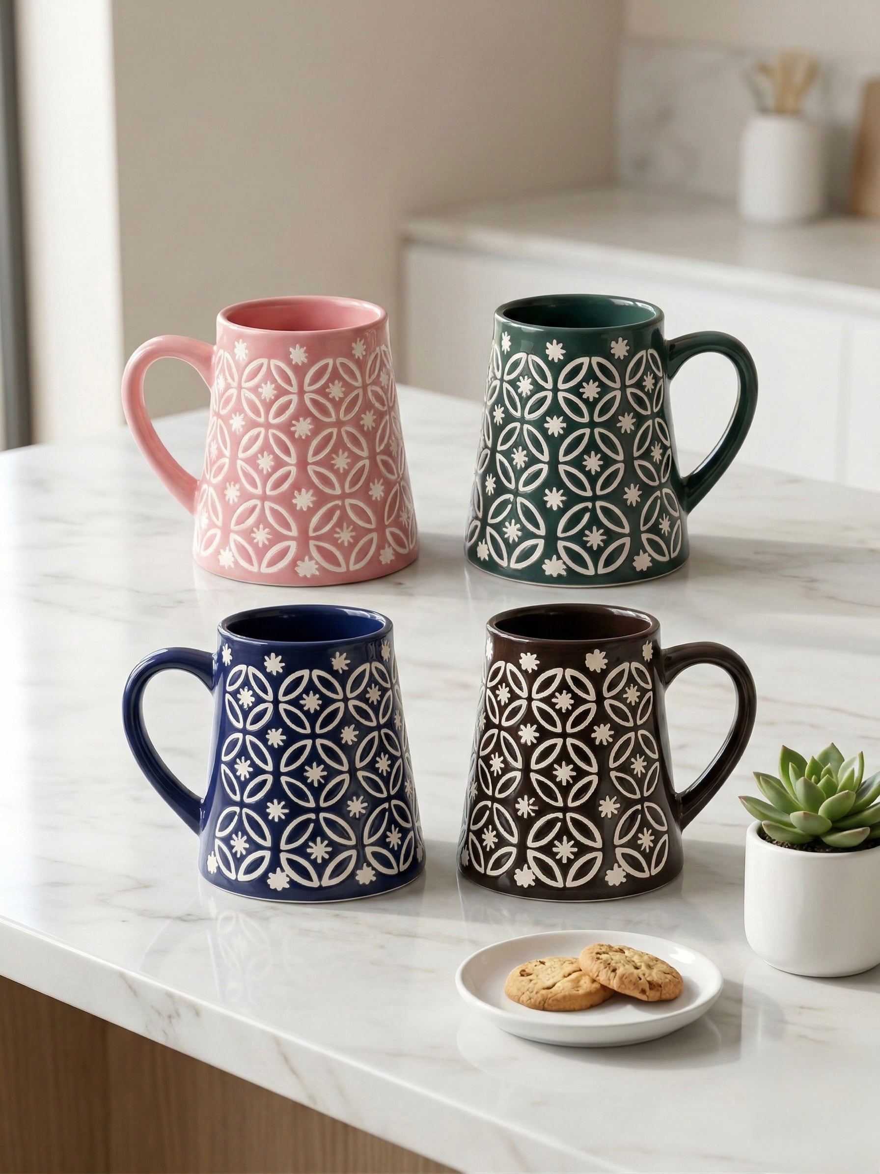 Geometric Lattice Ceramic Mug Set of 4 – Handcrafted Chai & Coffee Mugs