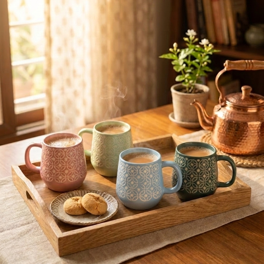 Geometric Print Ceramic Mug Set of 4 – Premium Tea & Coffee Mugs for Gifting