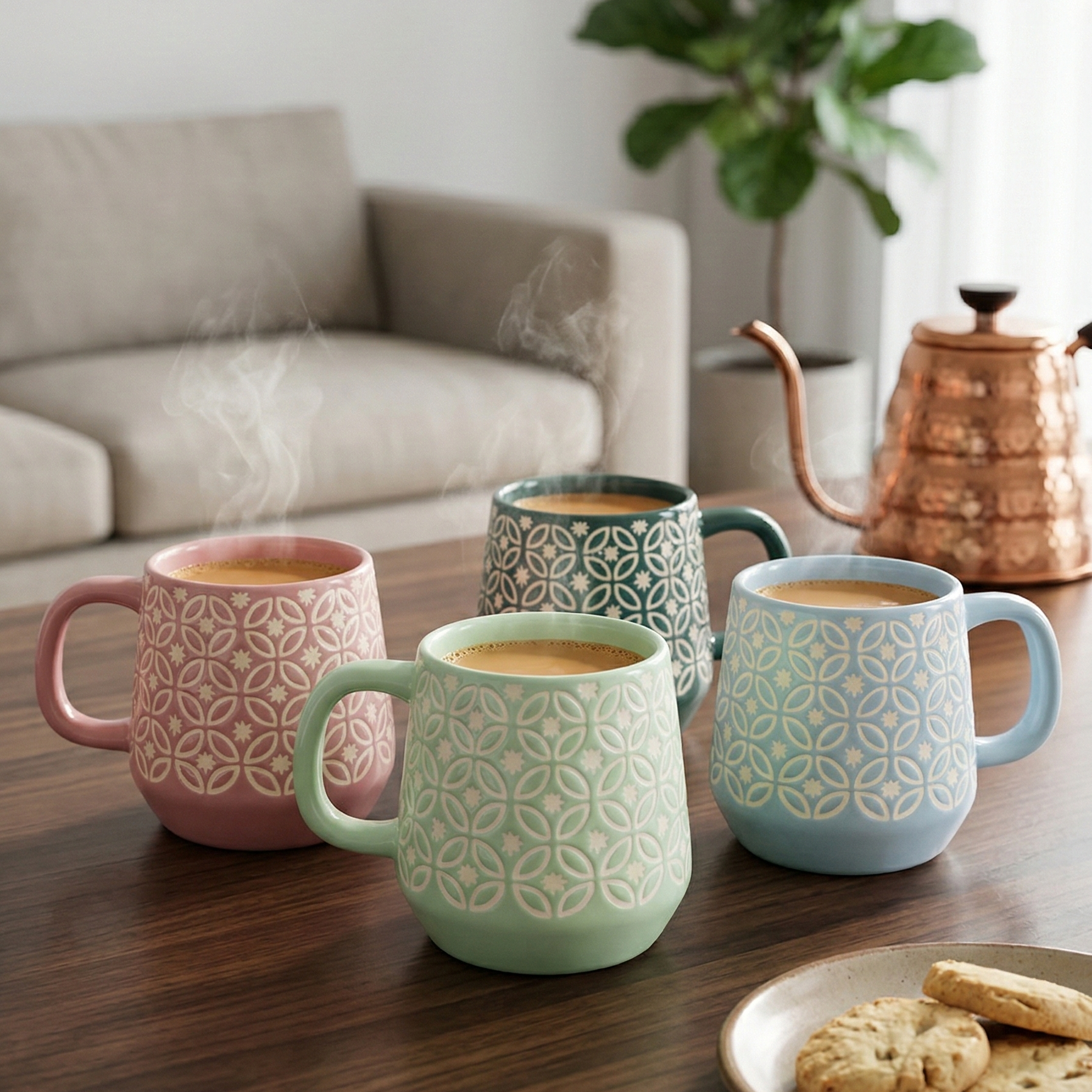 Geometric Print Ceramic Mug Set of 4 – Premium Tea & Coffee Mugs for Gifting
