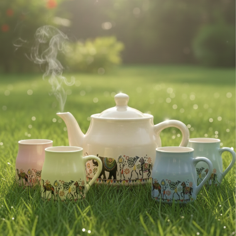 Ceramic Tea Set with 1 Kettle and 6 Mugs – Indian Motif Chai Serving Set | GupShupCups