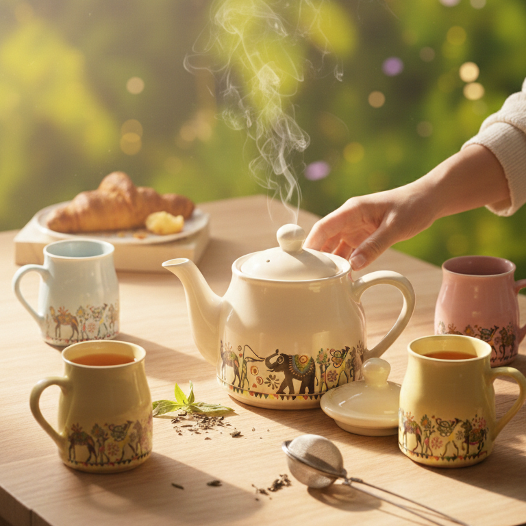 Ceramic Tea Set with 1 Kettle and 6 Mugs – Indian Motif Chai Serving Set | GupShupCups