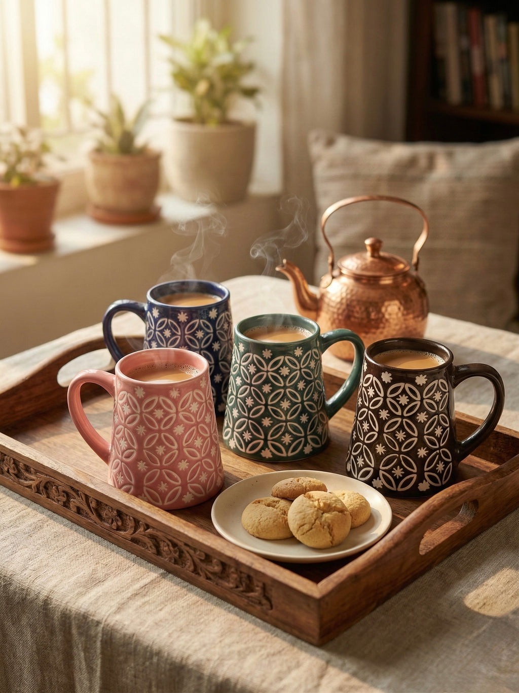 Geometric Lattice Ceramic Mug Set of 4 – Handcrafted Chai & Coffee Mugs