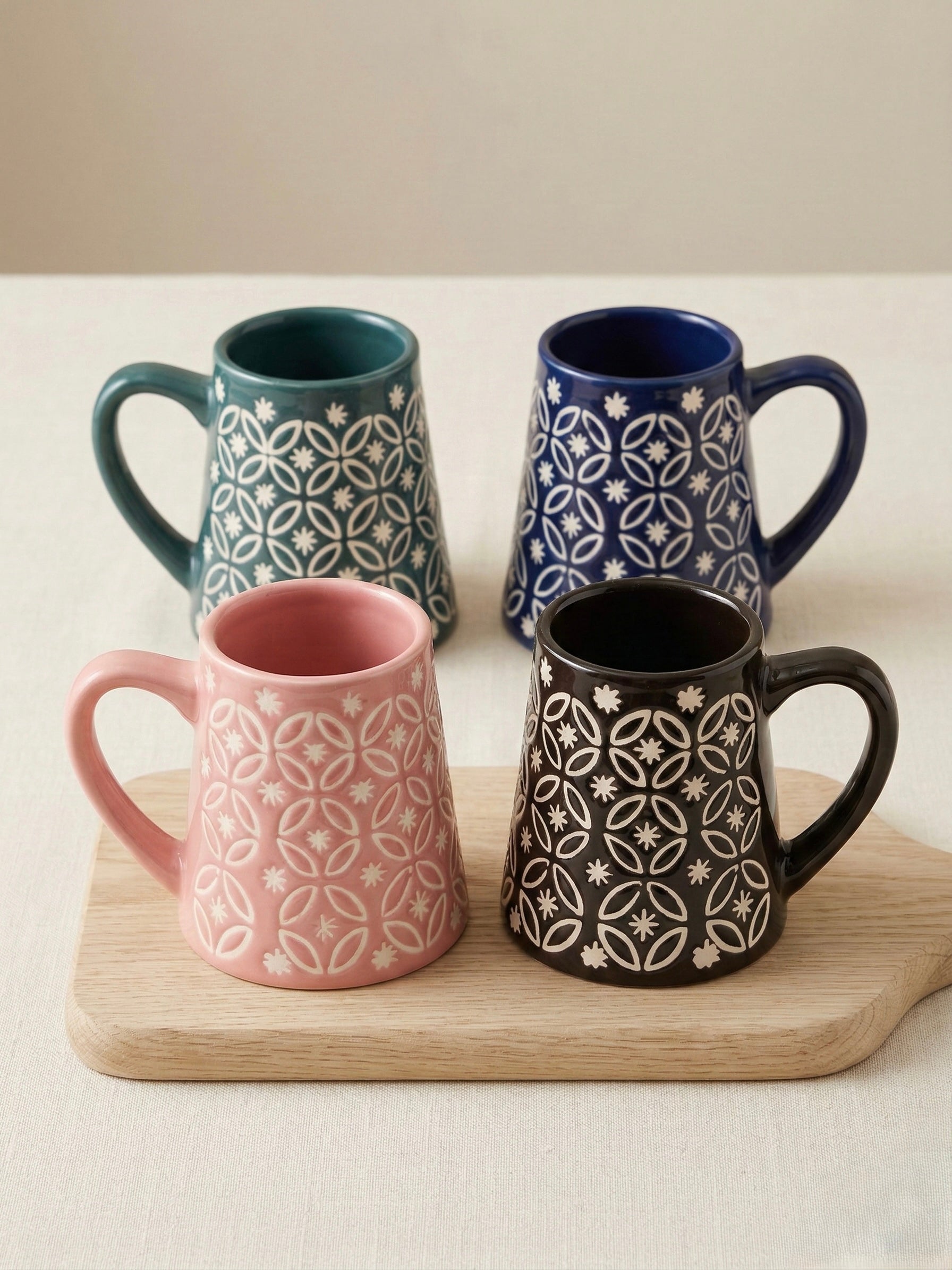 Geometric Lattice Ceramic Mug Set of 4 – Handcrafted Chai & Coffee Mugs