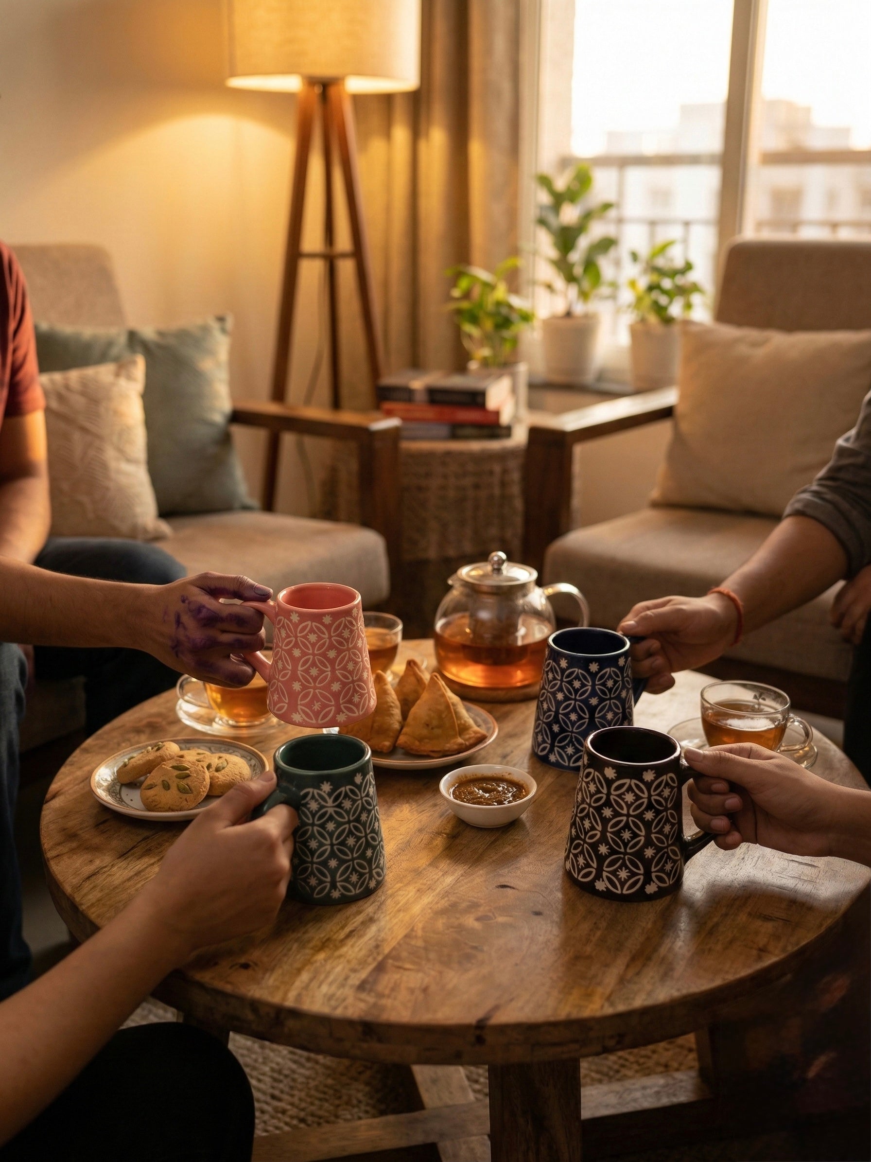 Geometric Lattice Ceramic Mug Set of 4 – Handcrafted Chai & Coffee Mugs