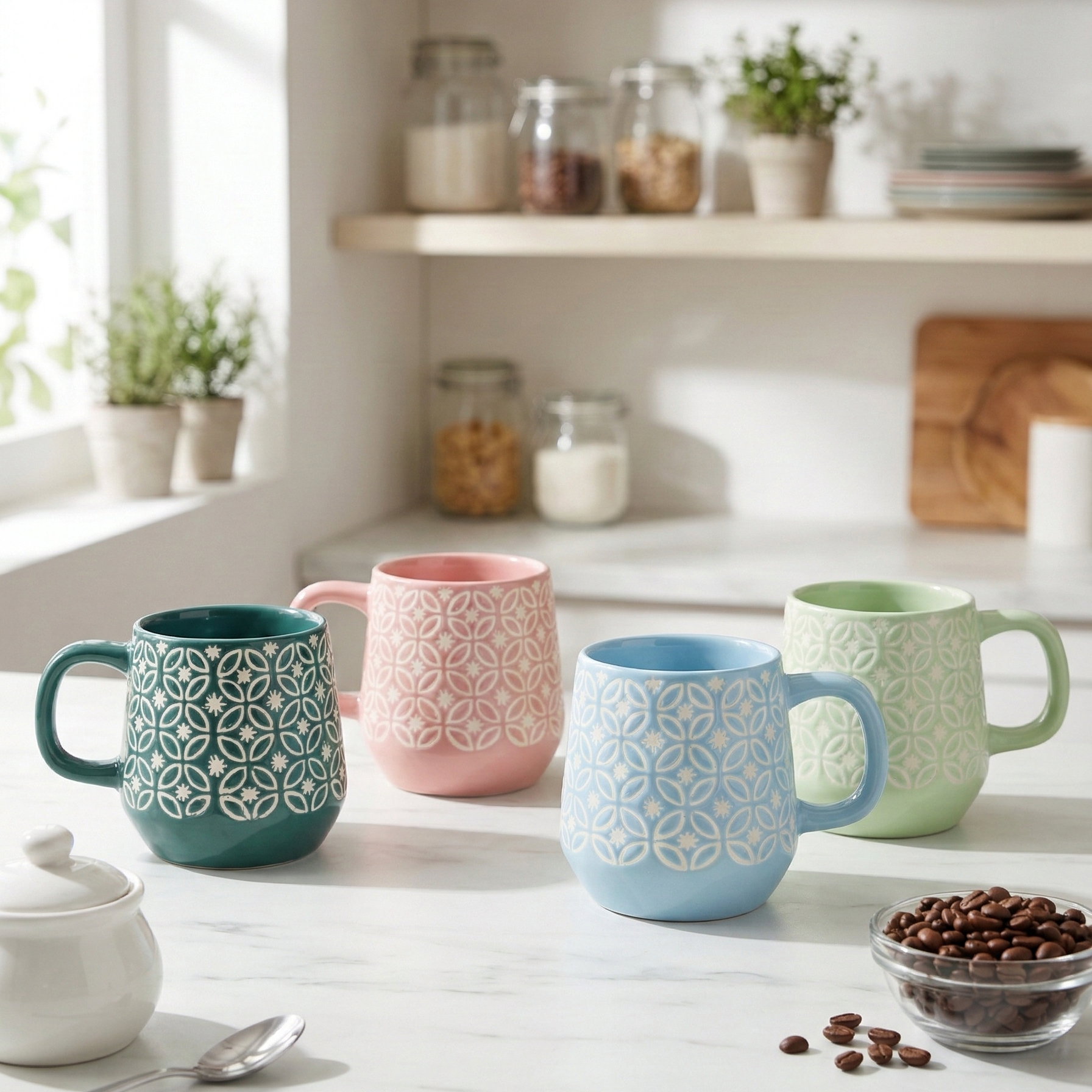 Geometric Print Ceramic Mug Set of 4 – Premium Tea & Coffee Mugs for Gifting