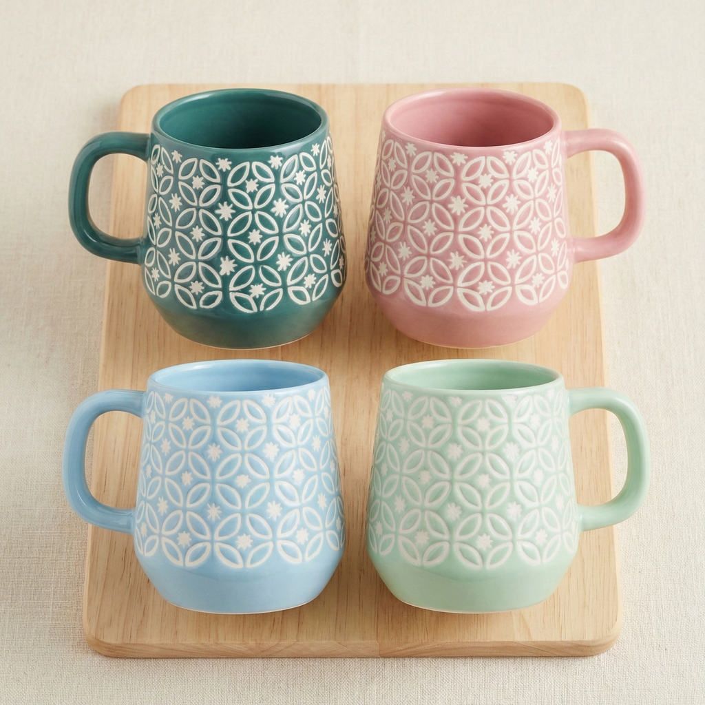 Geometric Print Ceramic Mug Set of 4 – Premium Tea & Coffee Mugs for Gifting
