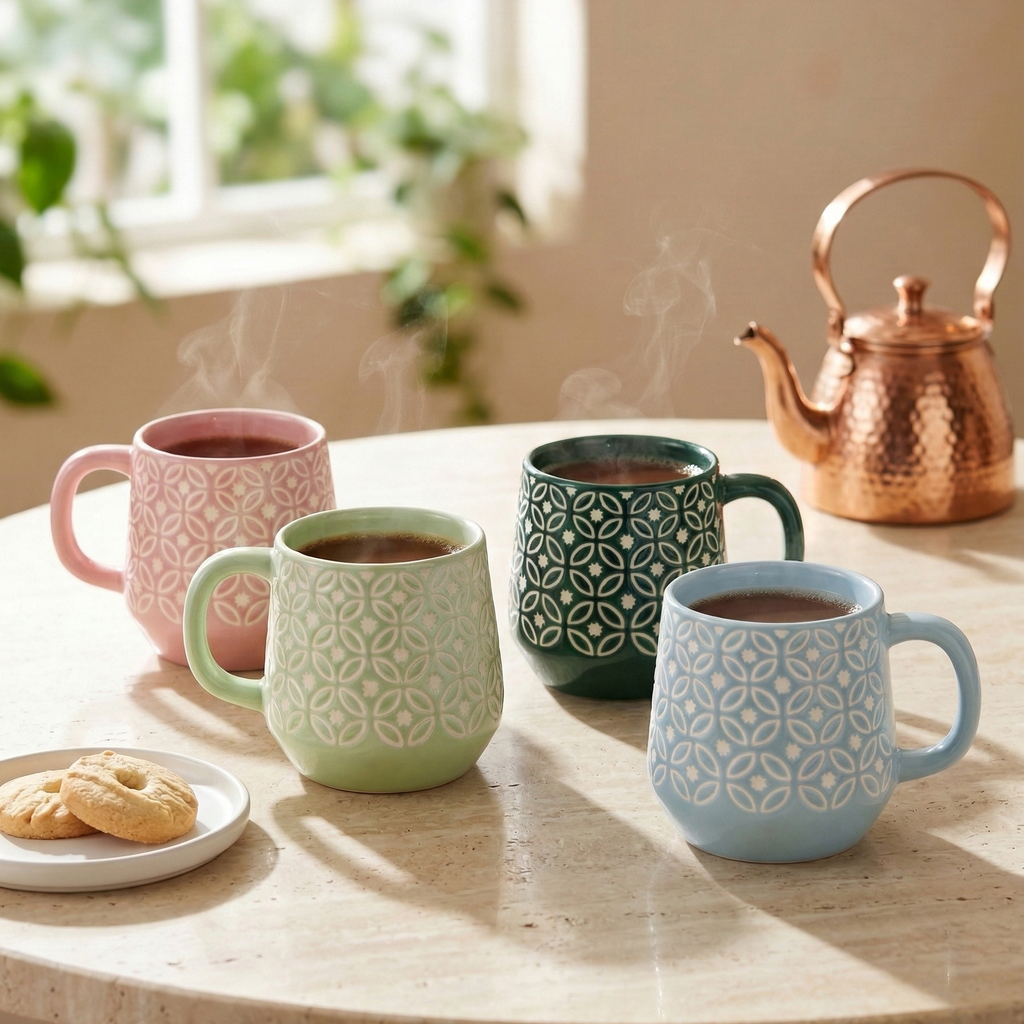 Geometric Print Ceramic Mug Set of 4 – Premium Tea & Coffee Mugs for Gifting