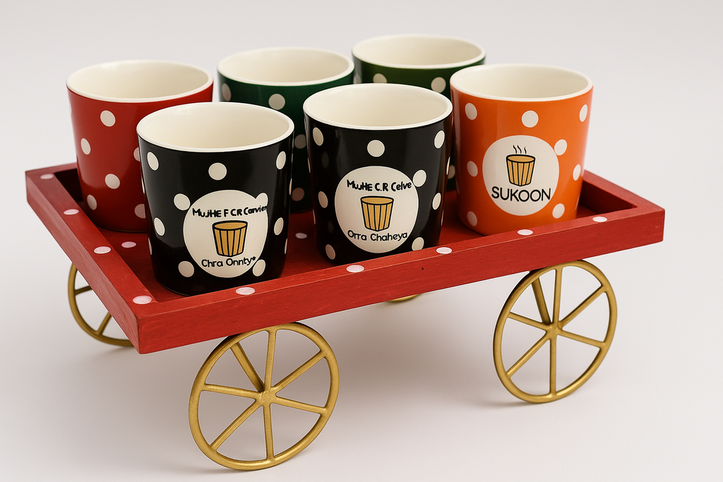 Chai Cup Gift Set with Wooden Cart | 6 Piece Ceramic Tea Cups | Handcrafted Indian Gift