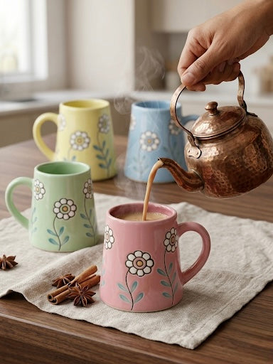 Embossed Floral Ceramic Mug Set of 4 – Pastel Coffee & Tea Mugs with Daisy Pattern